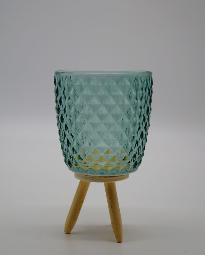 Votive of tealight light green glass with wooden legs