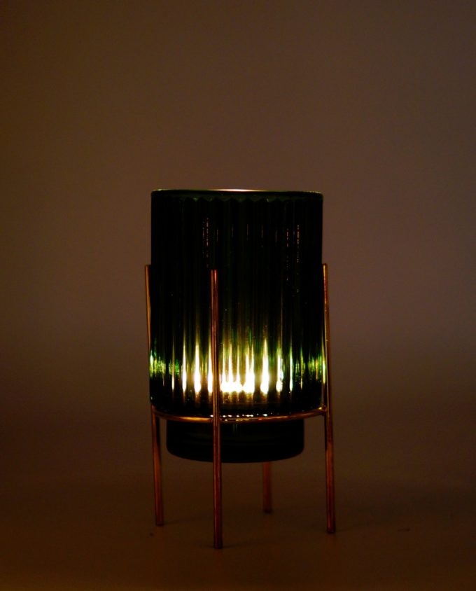 Tealight Green Glass on Metal Stand Lighted