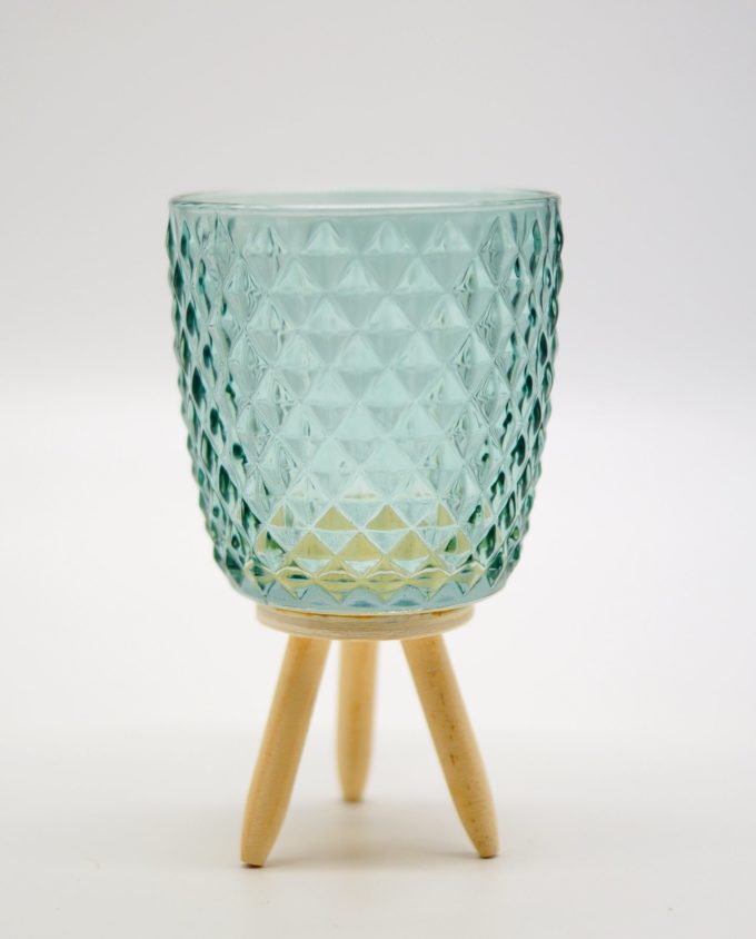 Votive of tealight light green glass with wooden legs