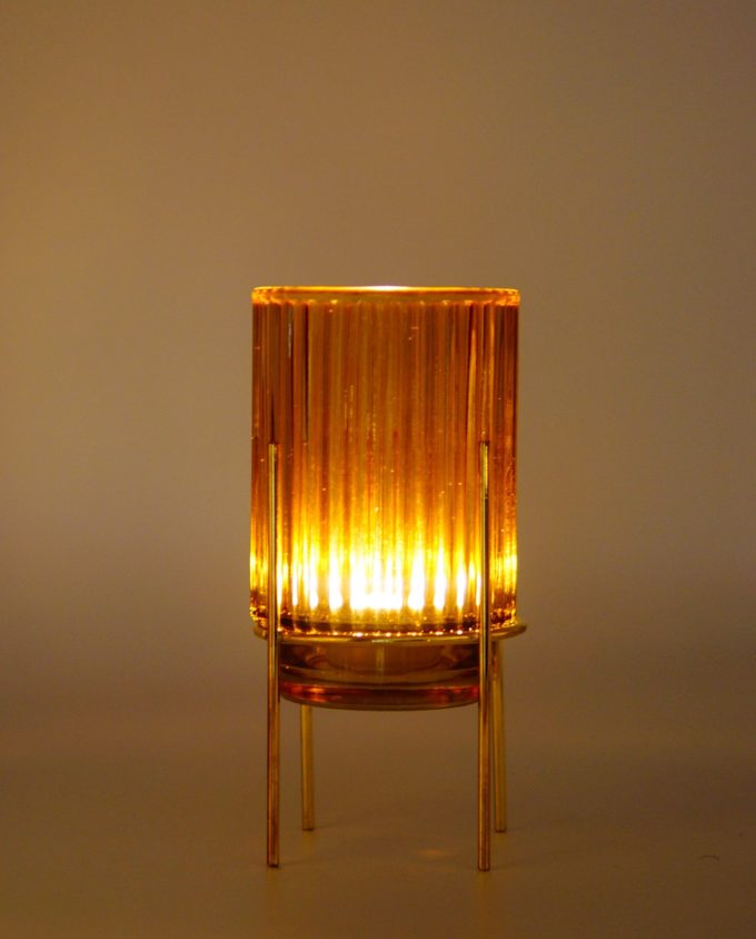 Tealight Yellow Glass on Metal Stand Lighted