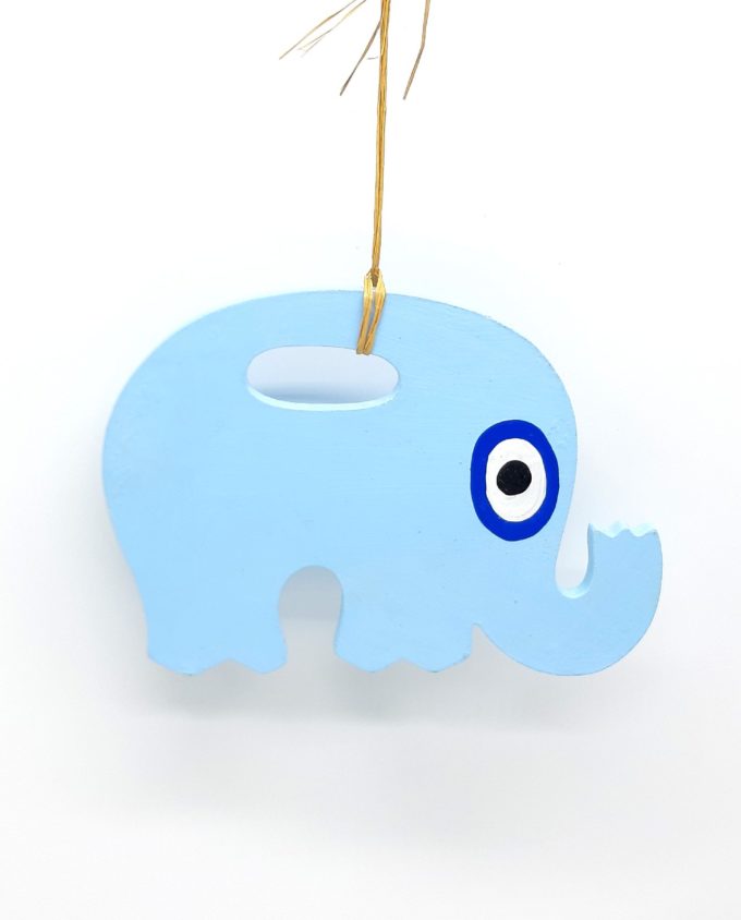 Ελέφαντας Ματάκι Ξύλινος Χειροποίητος Μήκος 18 cm γαλάζιος