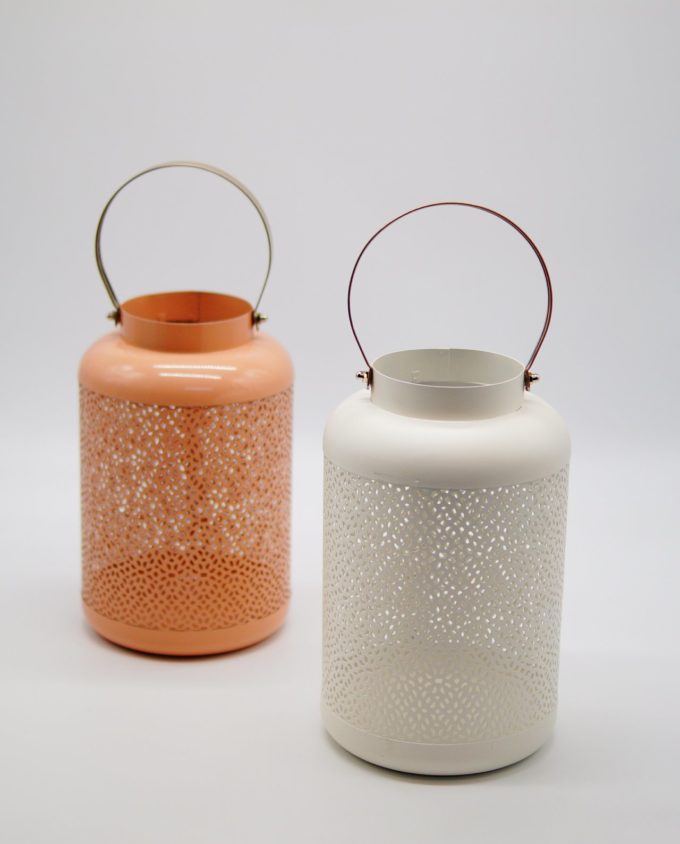 Lanterns made of metal in salmon and white color, height 24 cm, diameter 15 cm