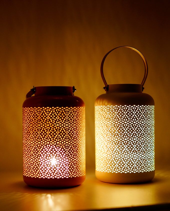 Lanterns made of metal in salmon and white color, height 24 cm, diameter 15 cm