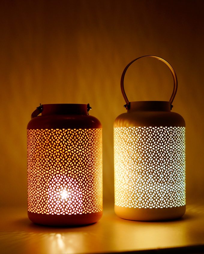 Lanterns made of metal in salmon and white color, height 24 cm, diameter 15 cm