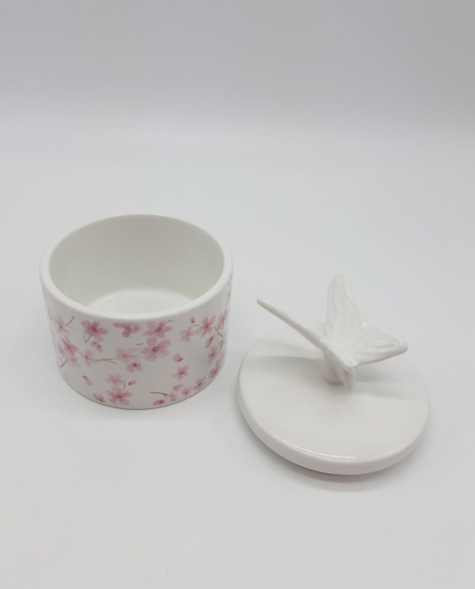A white with flower porcelain jewelry box with a bird lid, dishwasher safe