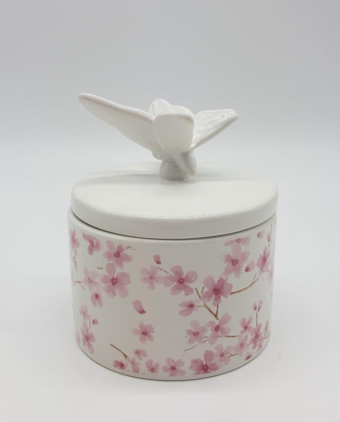 A white with flower porcelain jewelry box with a bird lid, dishwasher safe