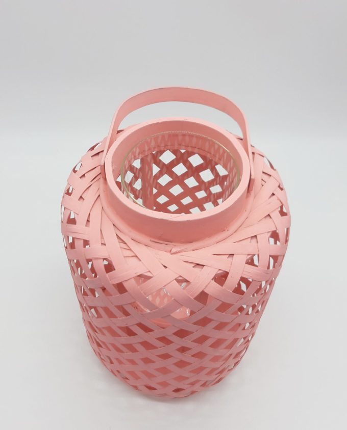 Lantern made of bamboo with glass included, in light pink color height 30cm