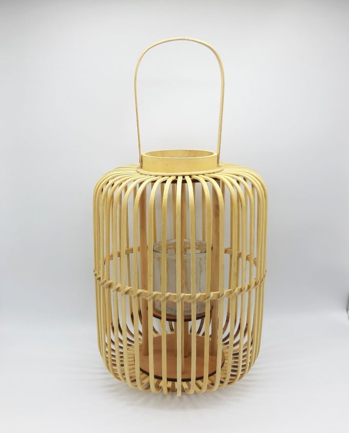 Lantern made of beige color bamboo with glass included height 43 cm