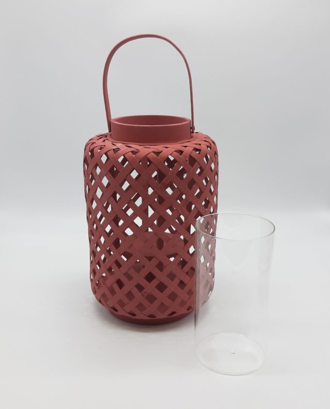 Lantern made of bamboo with glass included, in magenta color height 30 cm