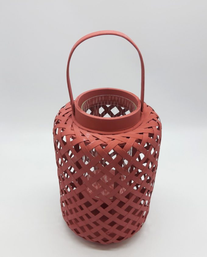Lantern made of bamboo with glass included, in magenta color height 30 cm