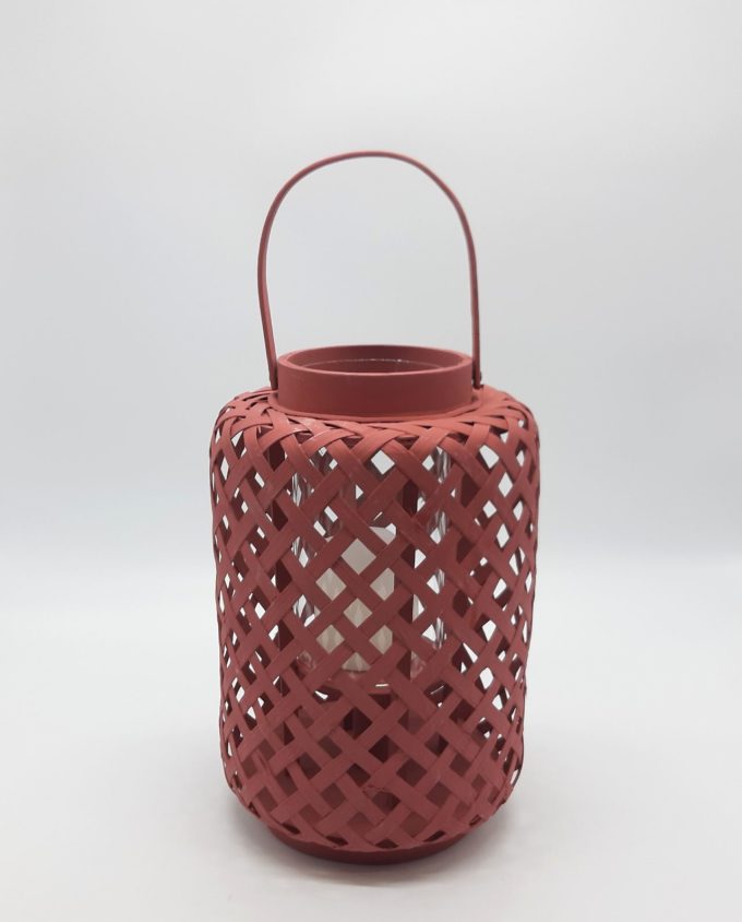 Lantern made of bamboo with glass included, in magenta color height 30 cm