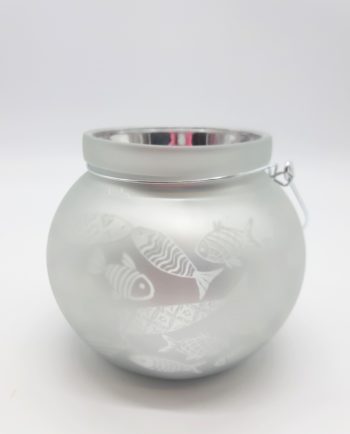 Round white lantern for votive with fish pattern