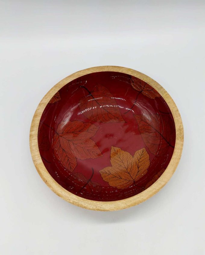 Μπωλ ξύλινο με μπορντώ λάκα ζωγραφισμένη φύλλα διαμέτρου 25 cm