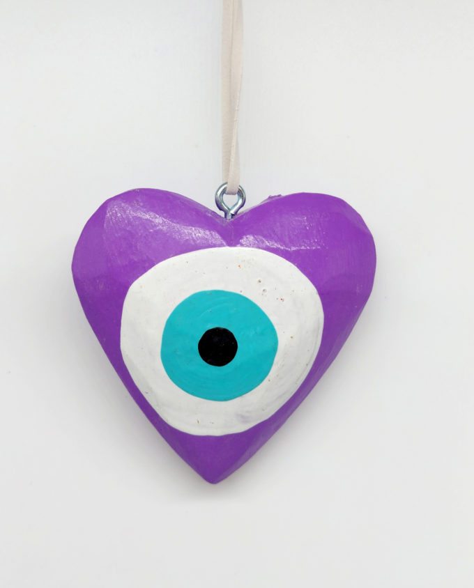 Heart Purple Evil Eye Wooden Handmade Diameter 8 cm
