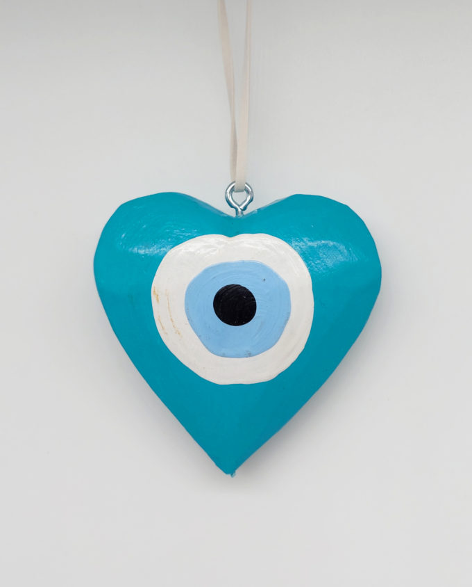 Heart Teal Evil Eye Wooden Handmade Diameter 8 cm