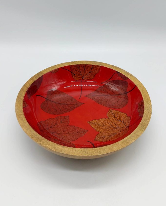 Μπωλ ξύλινο με κόκκινη λάκα ζωγραφισμένη φύλλα διαμέτρου 25 cm