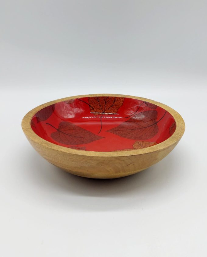 Μπωλ ξύλινο με κόκκινη λάκα ζωγραφισμένη φύλλα διαμέτρου 25 cm
