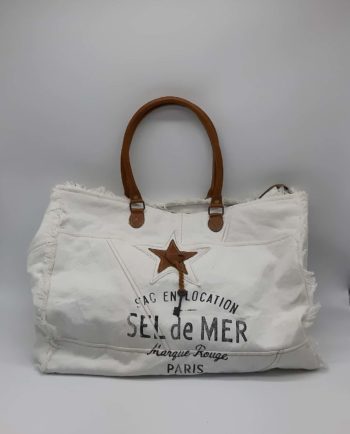 Beach Bag White Cotton with Leather Handles