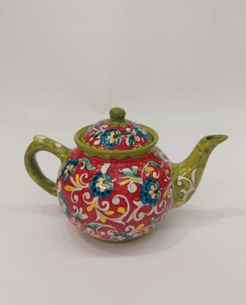 Teapot Ceramic Hand Painted Flowers Bordeux and Green