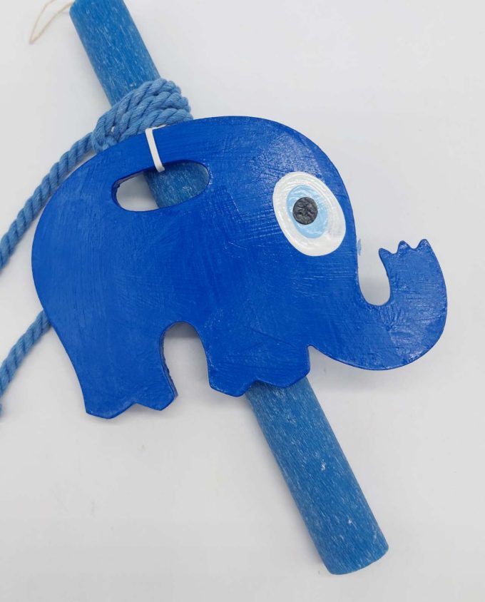 Πασχαλινή λαμπάδα ξύλινος μπλε ελέφαντας ματάκι