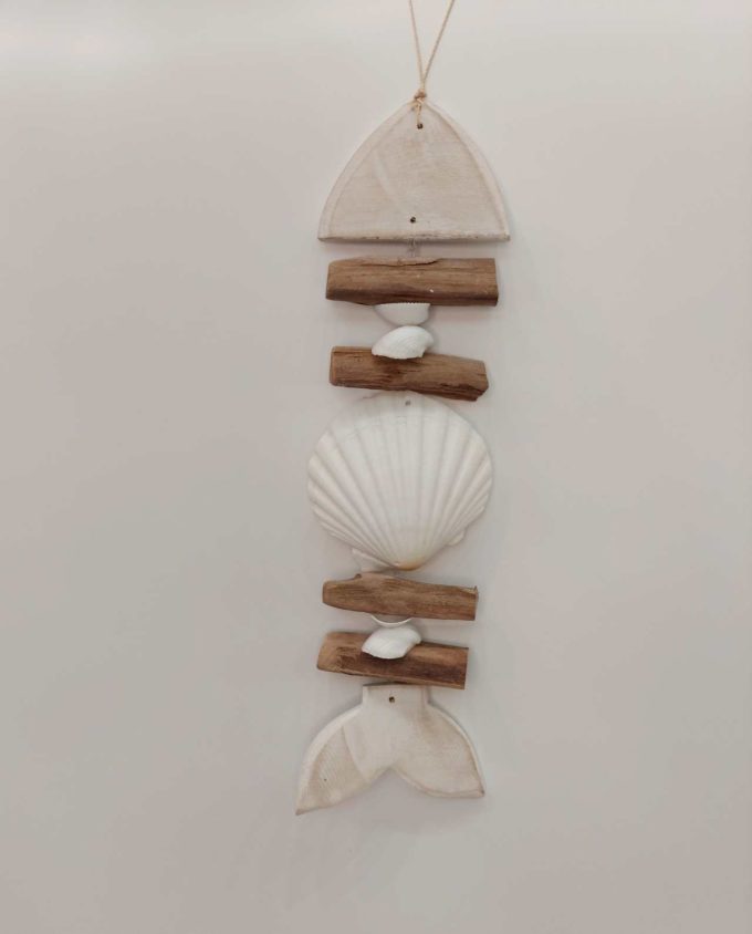 Decorative wall hanging fish made from wood and seashells
