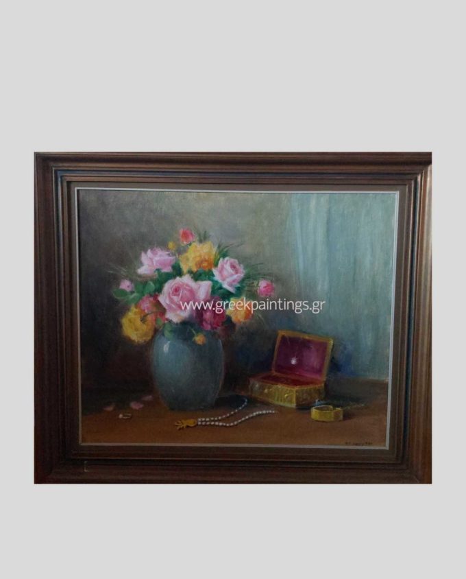 Πίνακας ζωγραφικής με βάζο τριαντάφυλλα με μπιζουτιέρα