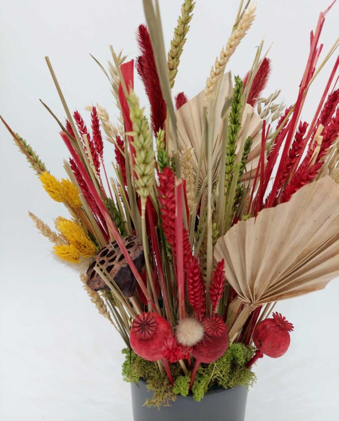 Dried Flowers Red Green Arrangement Pot