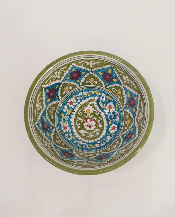 Bowl Ceramic Handpainted Green Purple Patterns
