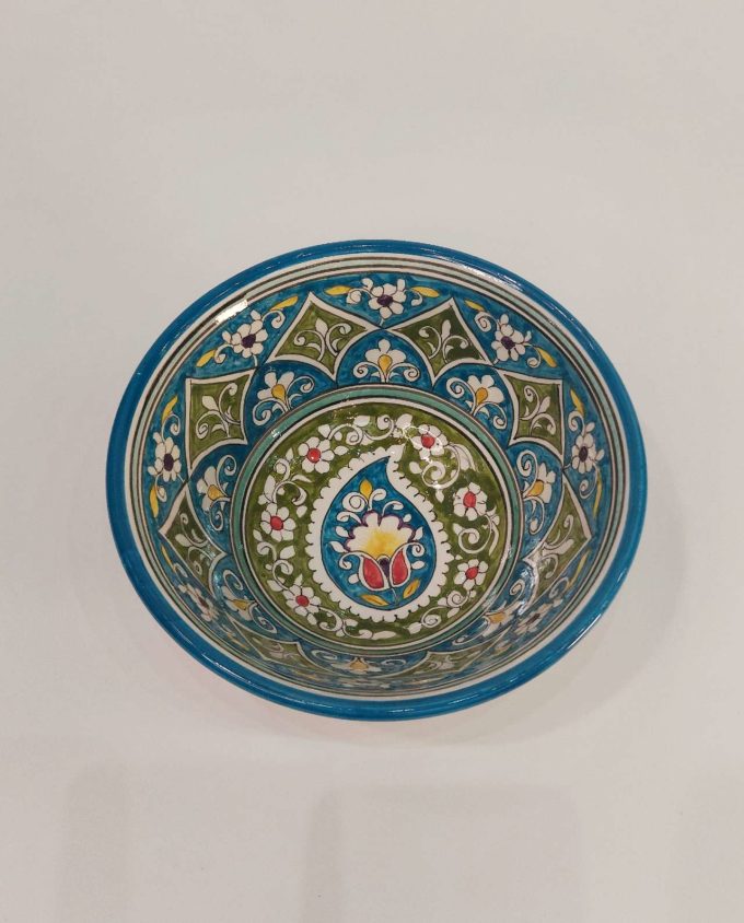 Bowl Ceramic Handpainted Green Blue Patterns
