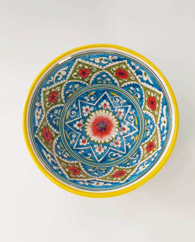 Bowl Ceramic Handpainted Blue Yellow Patterns