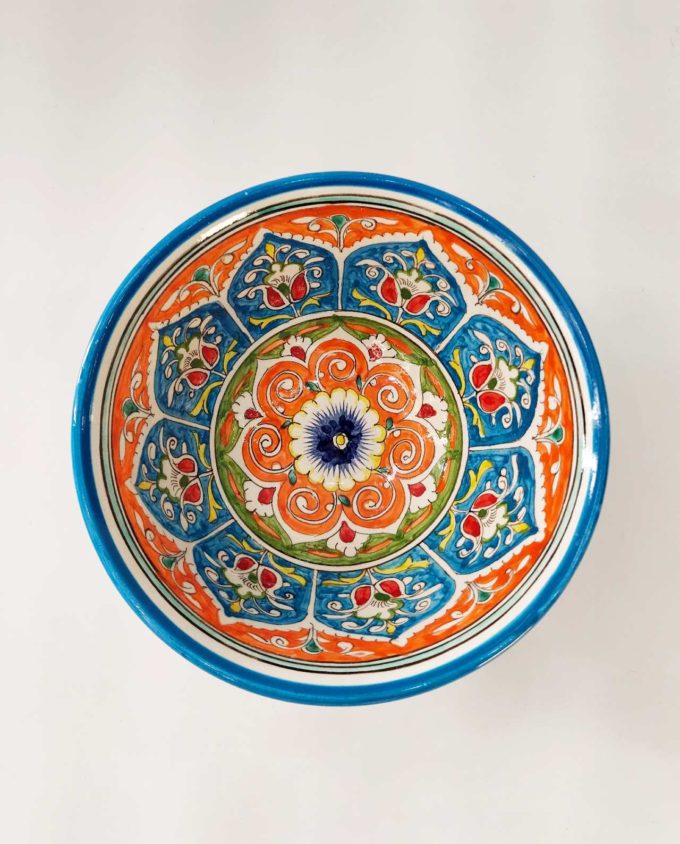 Bowl Ceramic Handpainted Orange Blue Patterns