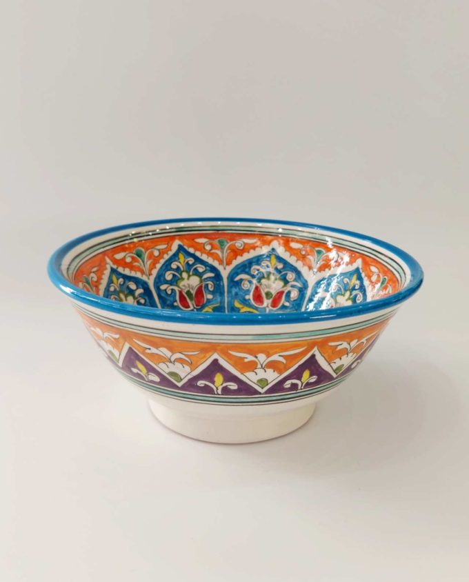 Bowl Ceramic Handpainted Orange Blue Patterns