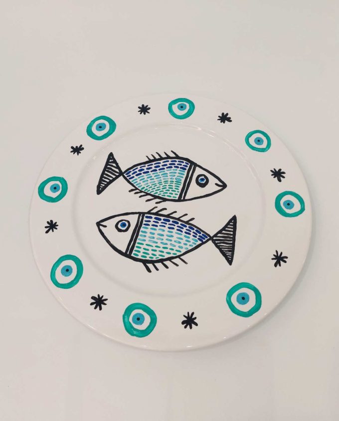 Plate Ceramic “Fish” Diameter 31 cm Turquoise Evil Eyes