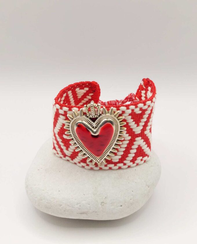 Bracelet Fabric Red White Red Heart
