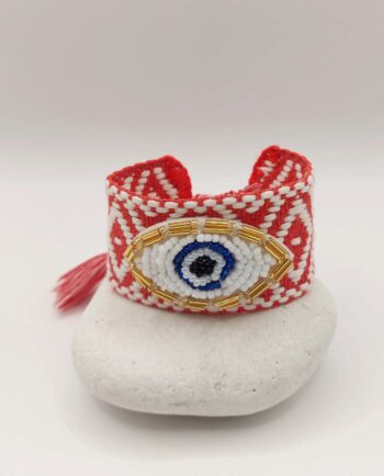 Bracelet Fabric Red White Evil Eye Beads