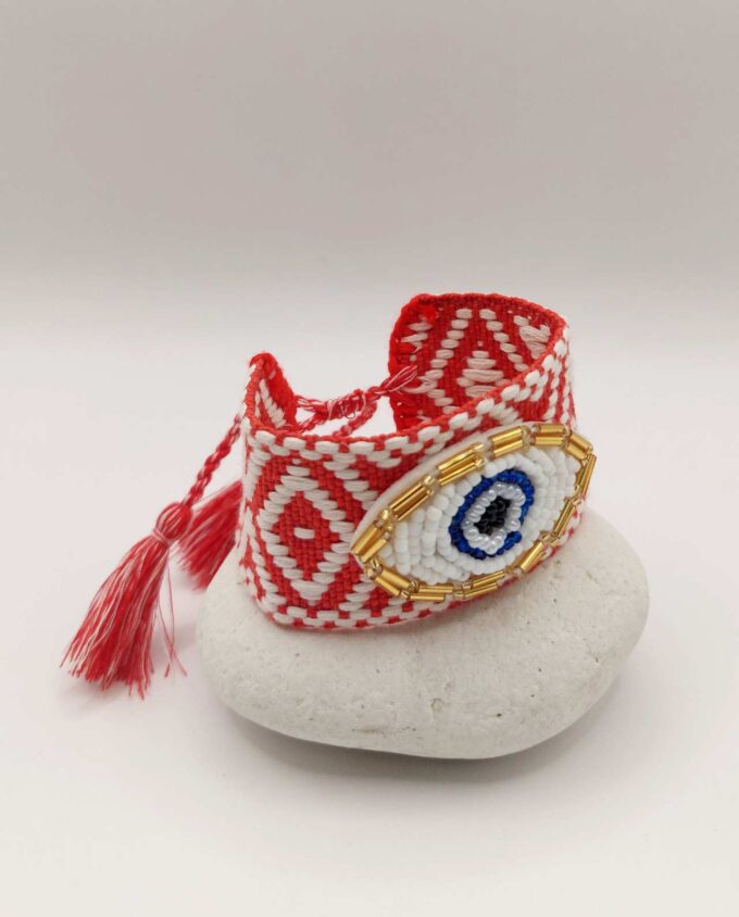 Bracelet Fabric Red White Evil Eye Beads