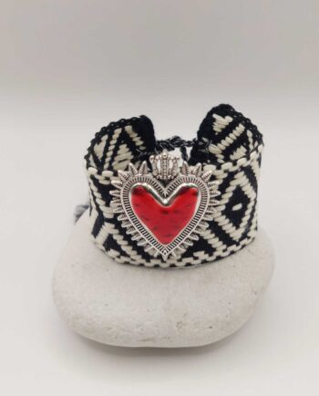 Bracelet Fabric Black White Red Heart