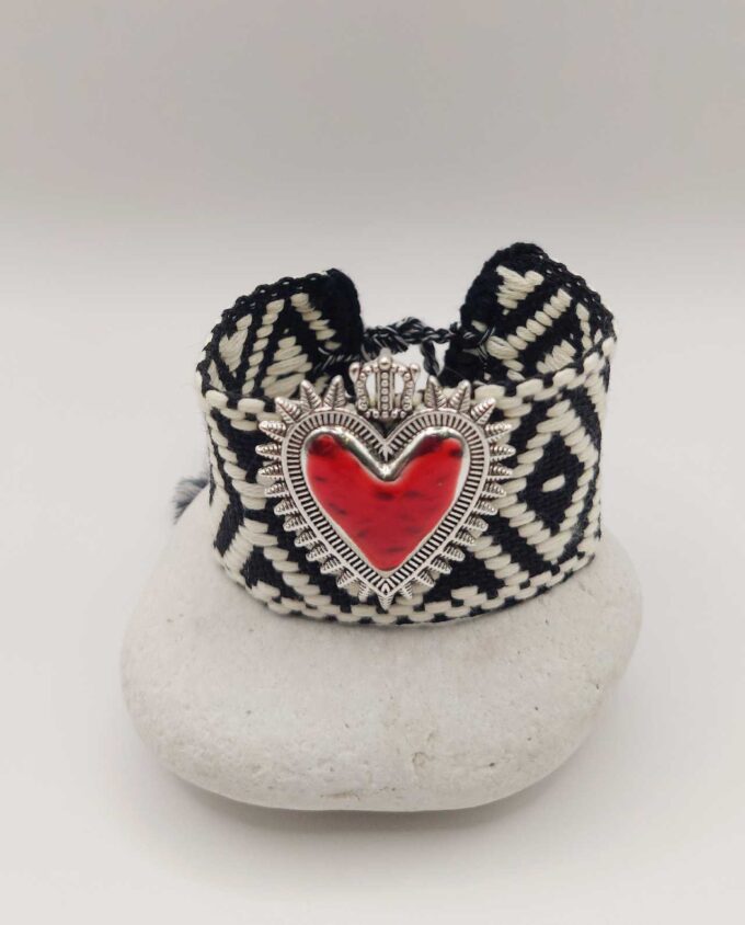 Bracelet Fabric Black White Red Heart