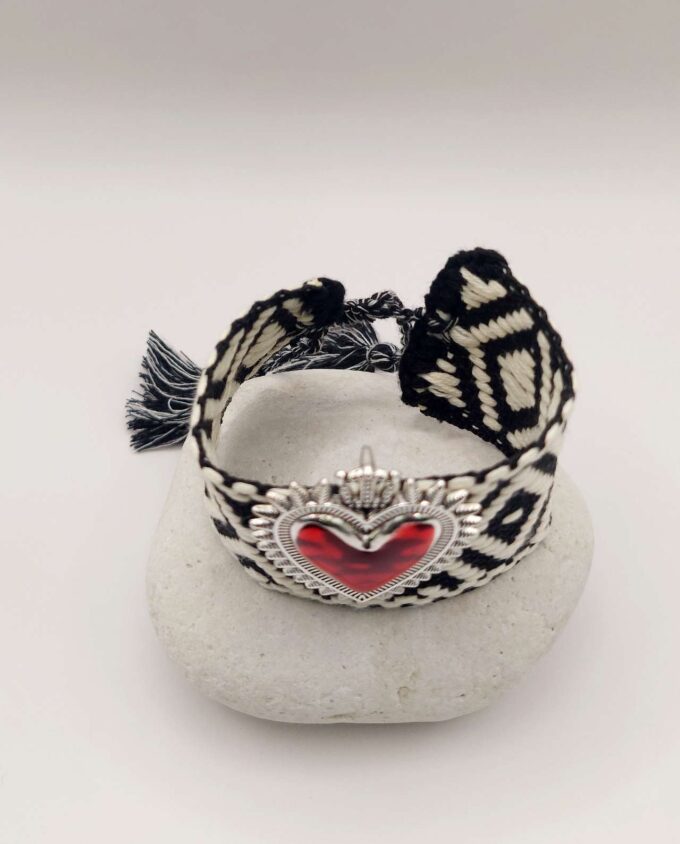 Bracelet Fabric Black White Red Heart
