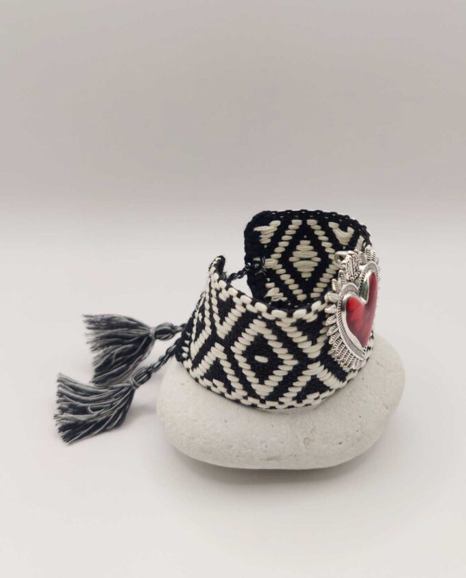 Bracelet Fabric Black White Red Heart