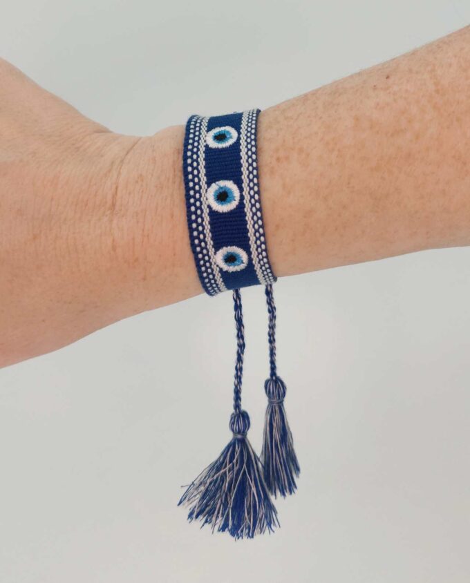 Bracelet Fabric Blue with Evil Eyes