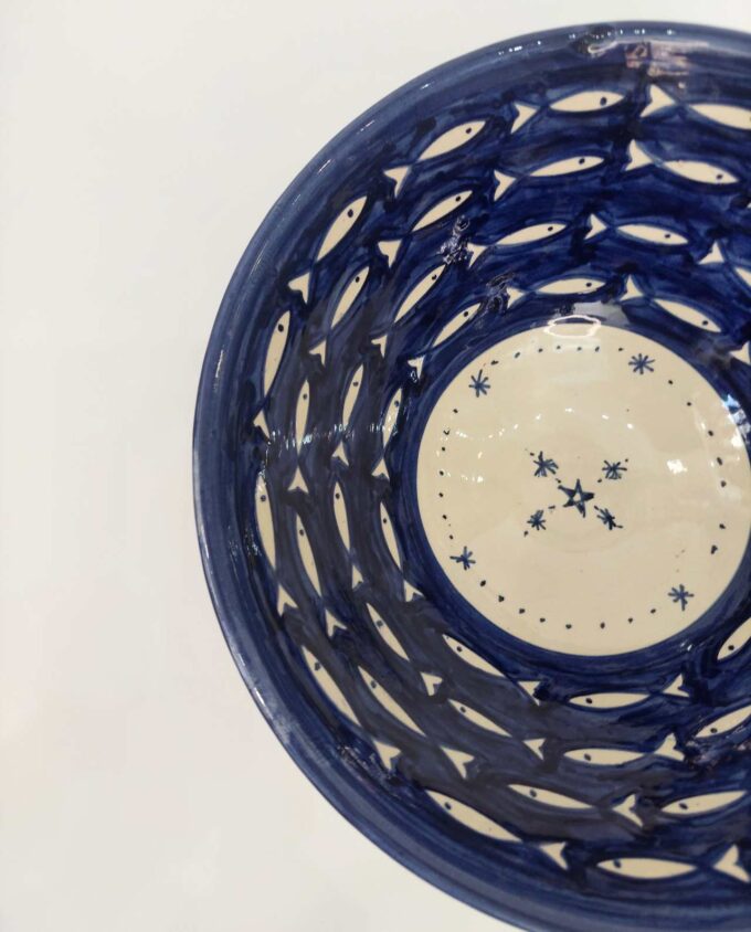 Bowl Ceramic Blue Beige Fish Diameter 25 cm