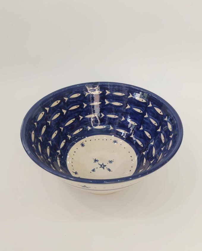Bowl Ceramic Blue Beige Fish Diameter 25 cm