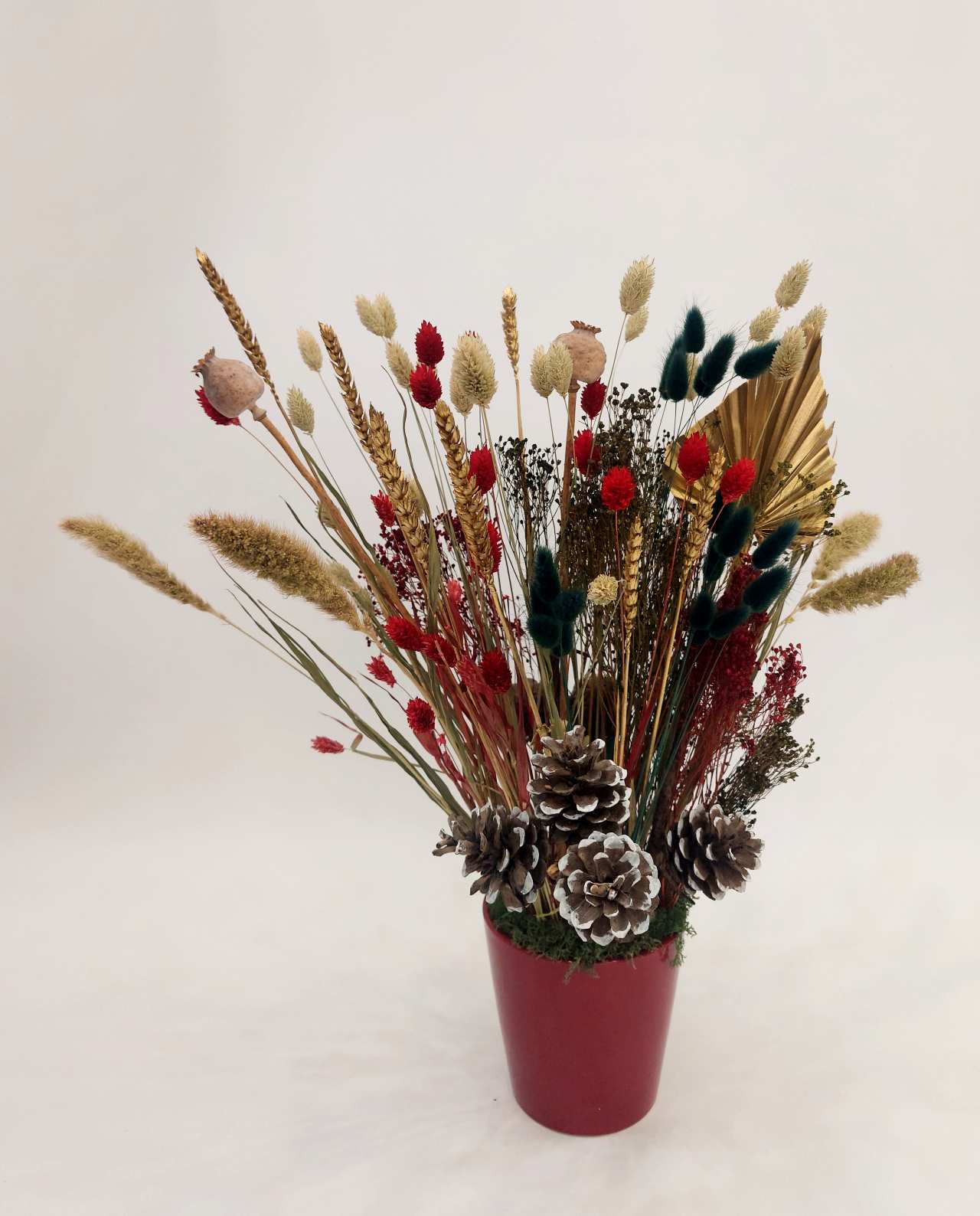 christmas-dried-flowers-arrangement-burgundy-pot-side Christmas Dried Flower Arrangement Red Pot