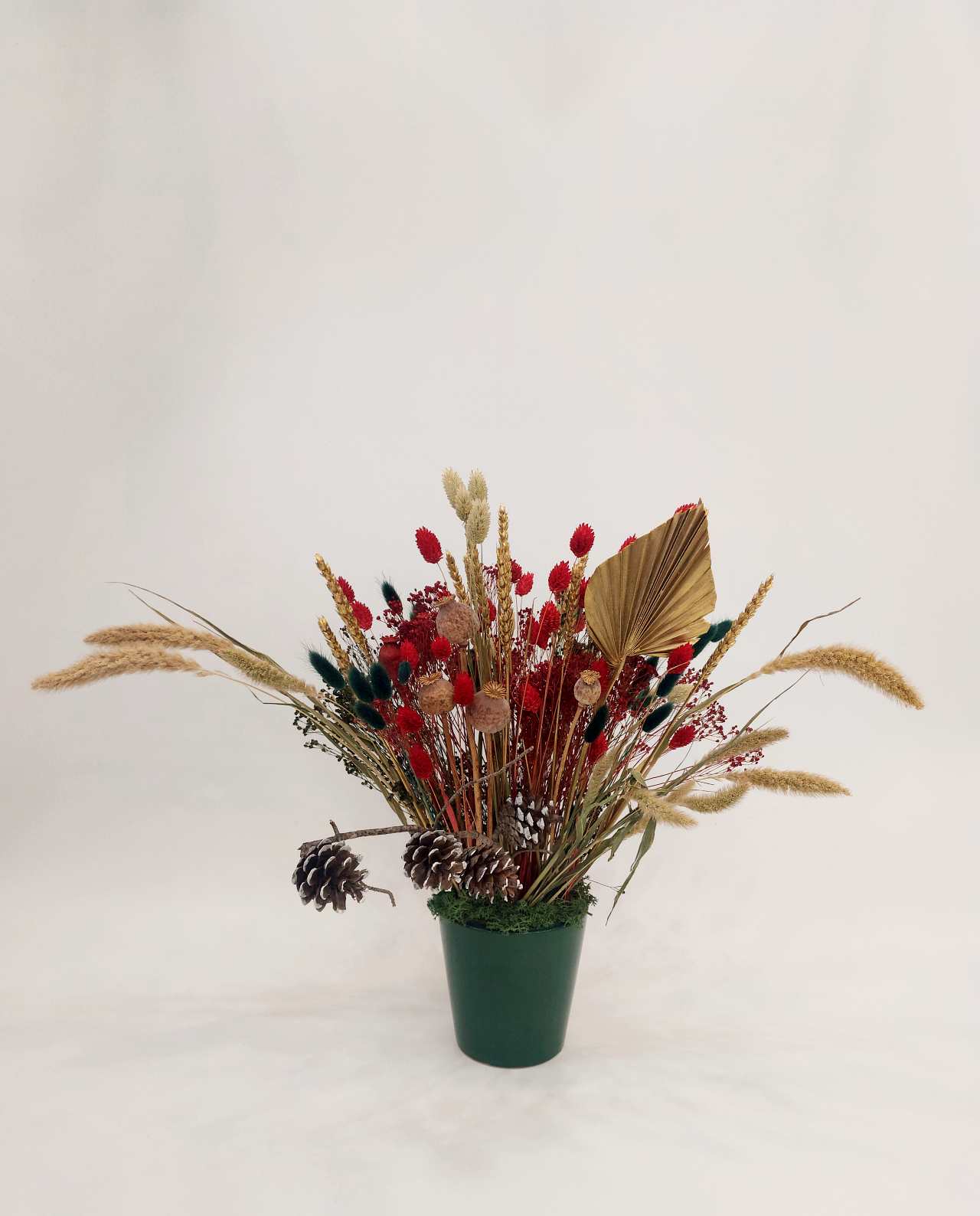christmas-dried-flowers-arrangement-green-pot Christmas Dried Flower Arrangement Green Pot