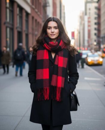 Scarf Checkered Red Black worn by a woman