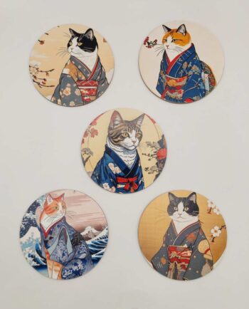 Coaster Wooden "Cat Samurai" Set 5 Pieces
