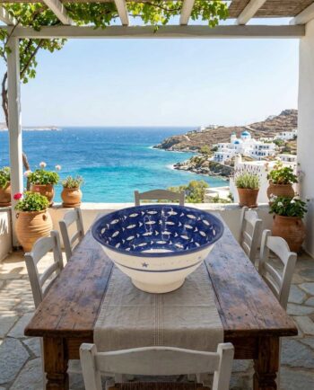 Bowl Ceramic Blue Beige Fish Diameter 26 cm